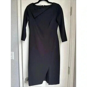 Calvin Klein Slit Dress Black Size 4 3/4 Sleeves Asymmetrical Collar